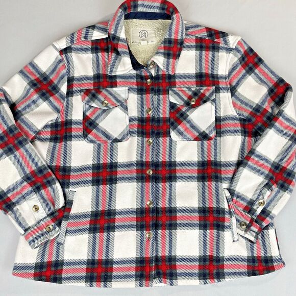 Sage Collective Plaid Shacket Womens XL White Red Blue Sherpa Lined Classic Gorp - Picture 5 of 16